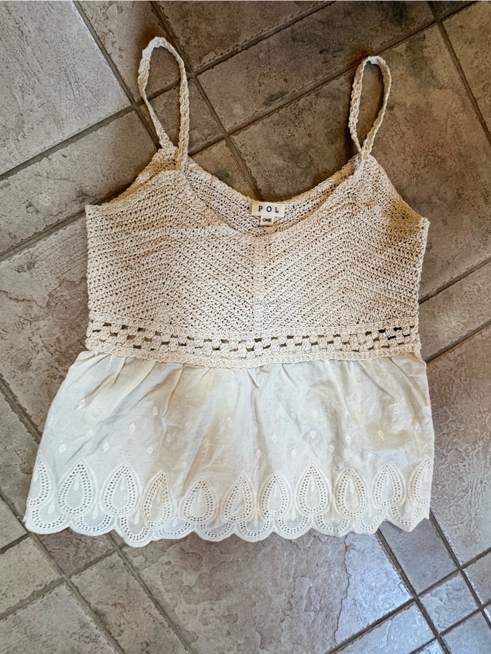 POL Cream Crochet Eyelet Peplum Tank